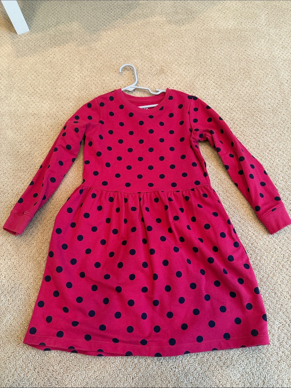 Girls' Primary dark pink Polka Dot Long-Sleeve sweatshirt Dress with pockets